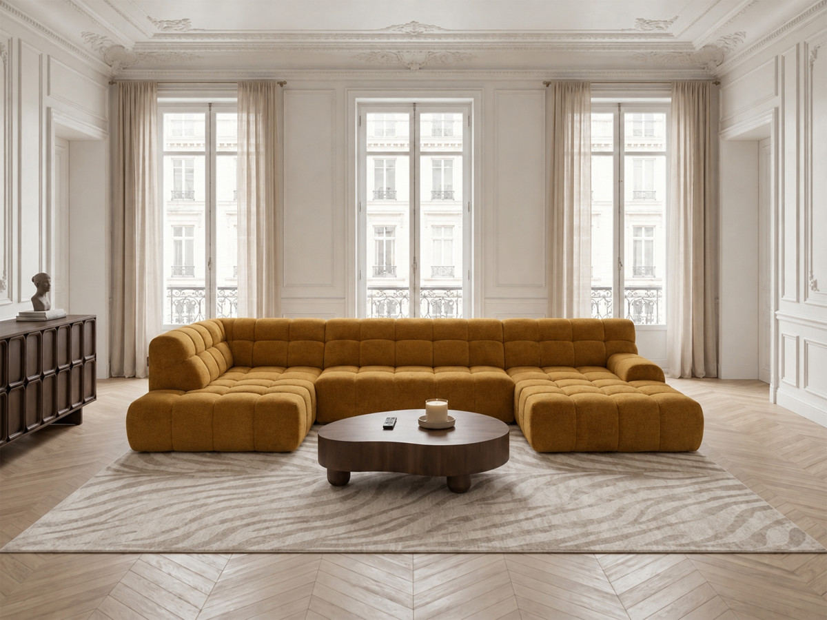 Canapé panoramique avance-recule électrique ANDRE tissu texturé jaune angle gauche BOBOCHIC 4 places Canapé panoramique avance-recule électrique ANDRE tissu texturé jaune angle gauche BOBOCHIC 4 places