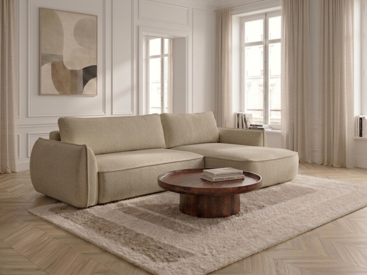 Canapé d'angle convertible réversible ESMEE tissu chenille beige réversible BOBOCHIC 3 places Canapé d'angle convertible réversible ESMEE tissu chenille beige réversible BOBOCHIC 3 places