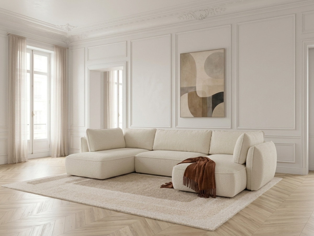 Rozkładana sofa narożna panoramiczna ESMEE z tkaniny szenilowej