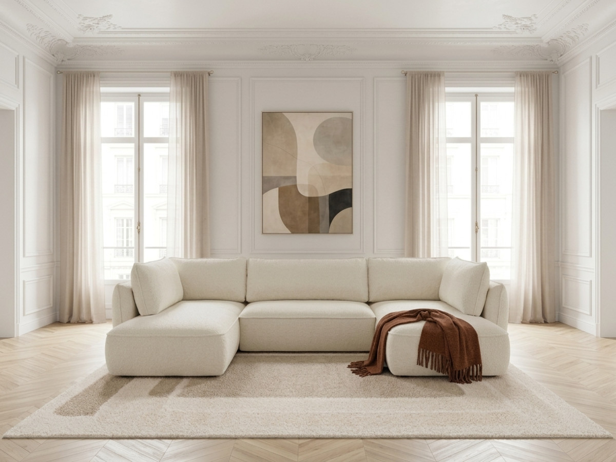 Rozkładana sofa narożna panoramiczna ESMEE z tkaniny szenilowej