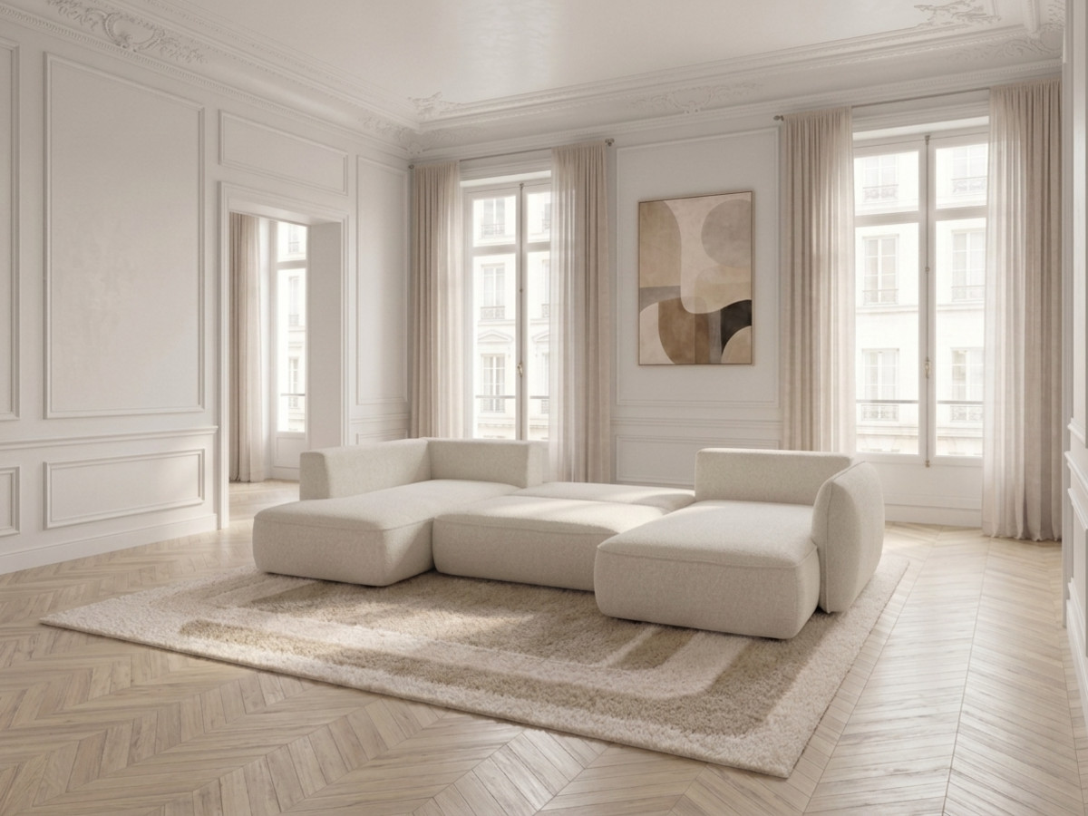 Rozkładana sofa narożna panoramiczna ESMEE z tkaniny szenilowej
