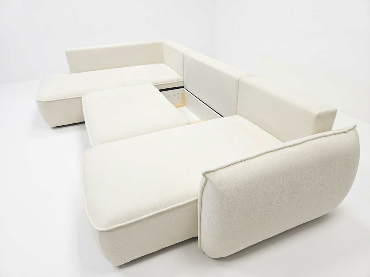 Rozkładana sofa narożna panoramiczna ESMEE z tkaniny szenilowej