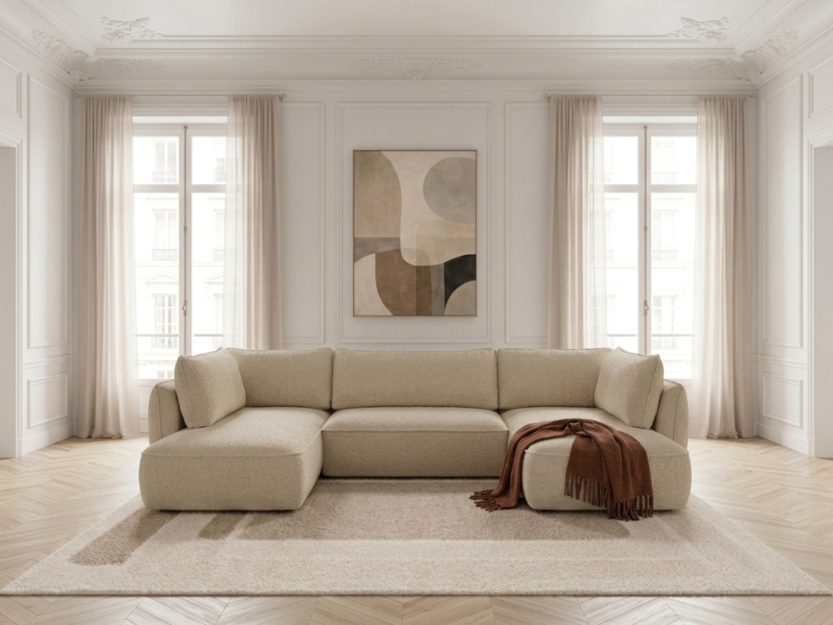 Rozkładana sofa narożna panoramiczna ESMEE z tkaniny szenilowej