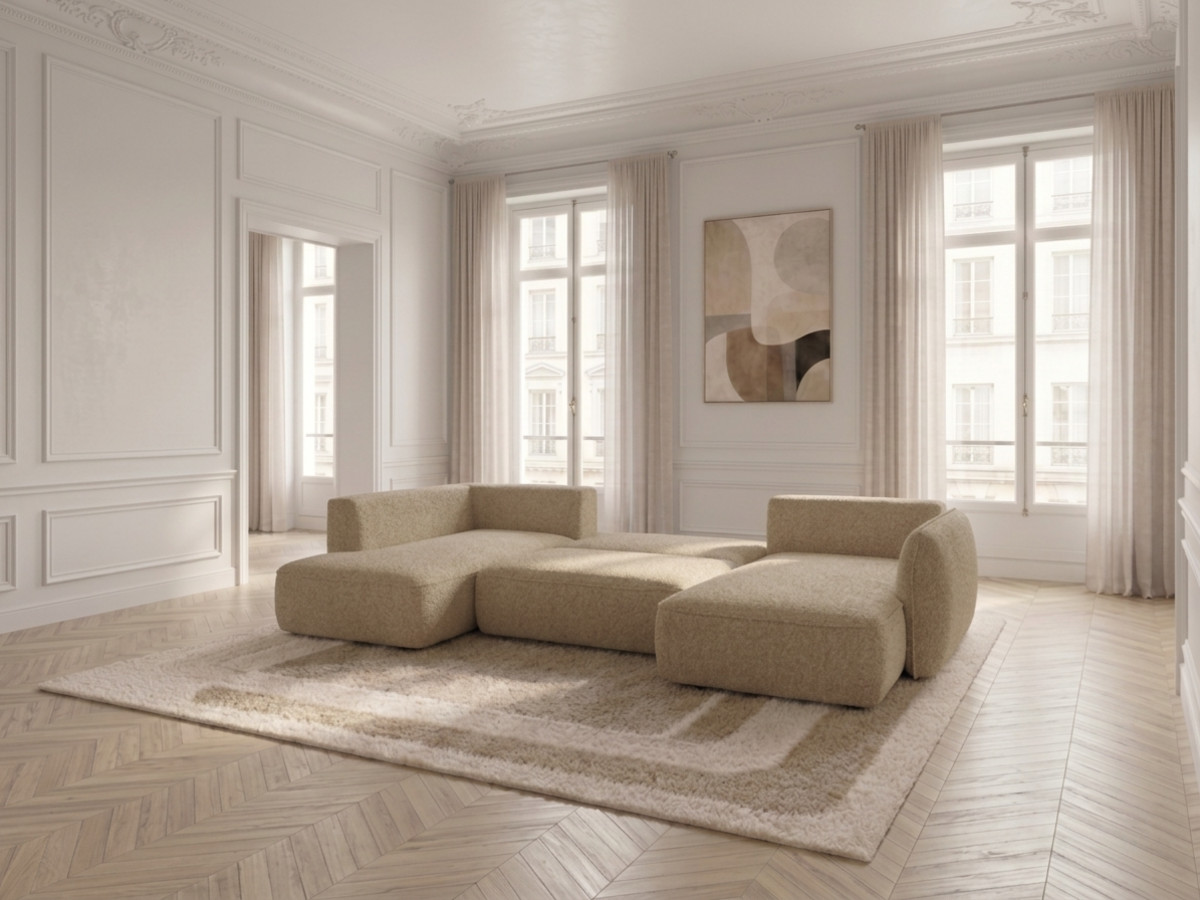 Rozkładana sofa narożna panoramiczna ESMEE z tkaniny szenilowej