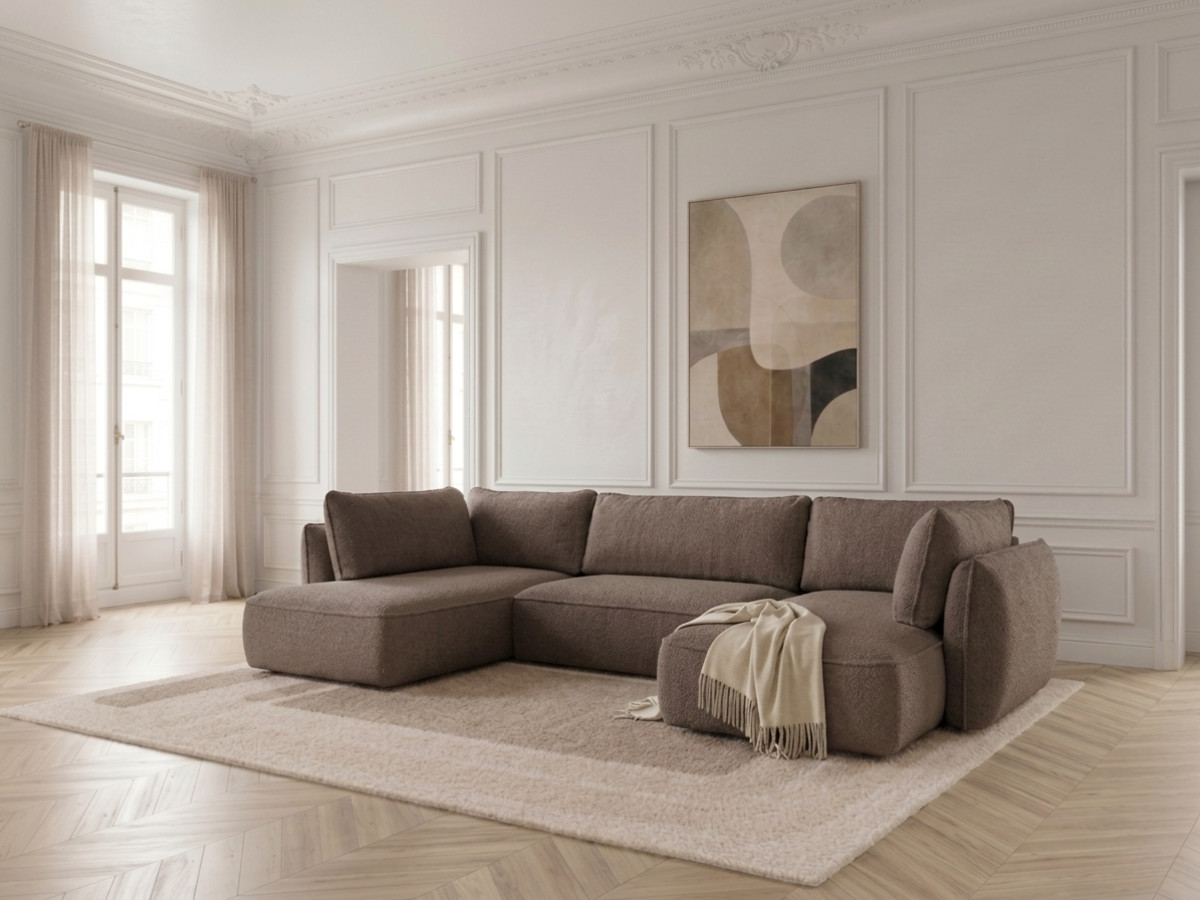 Rozkładana sofa narożna panoramiczna ESMEE z tkaniny szenilowej