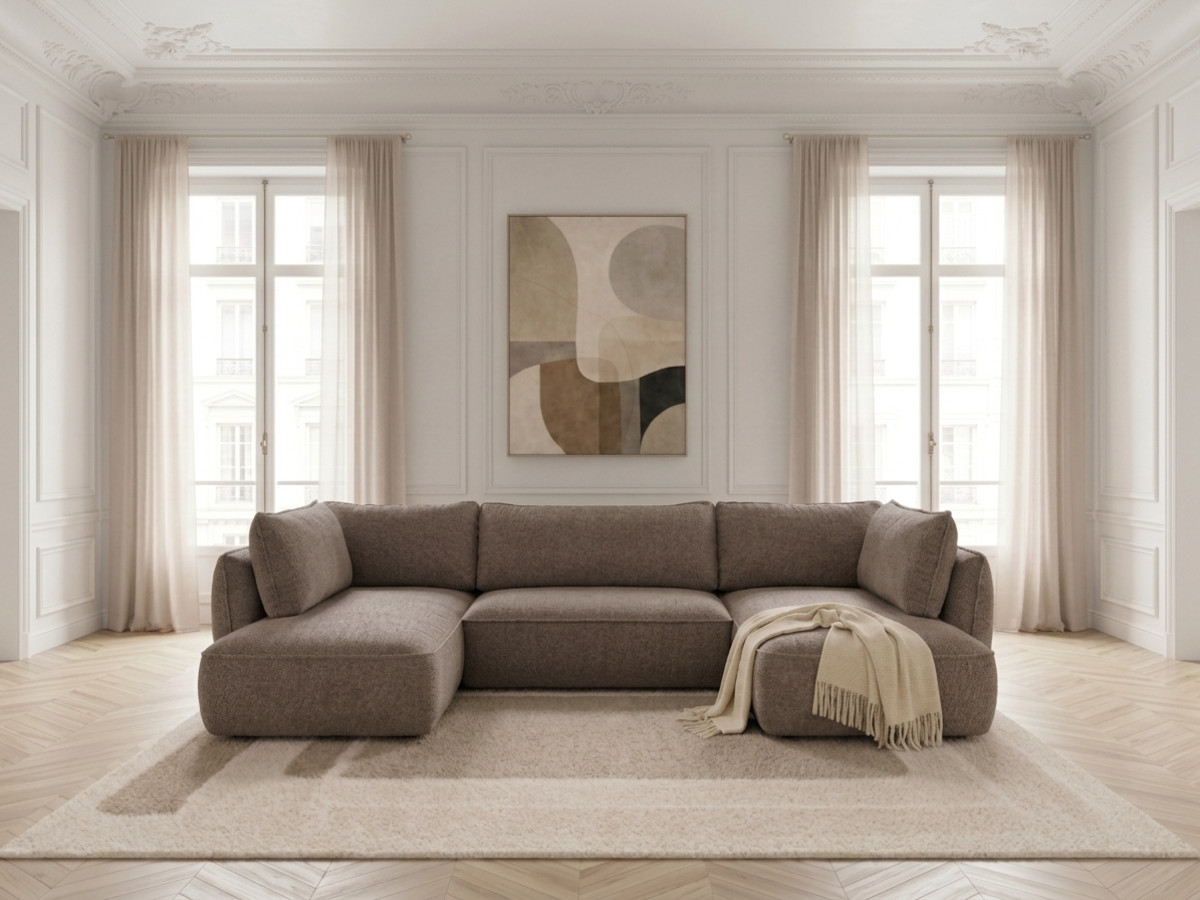 Rozkładana sofa narożna panoramiczna ESMEE z tkaniny szenilowej