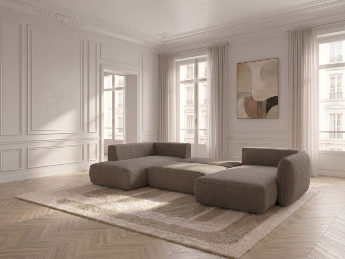 Rozkładana sofa narożna panoramiczna ESMEE z tkaniny szenilowej