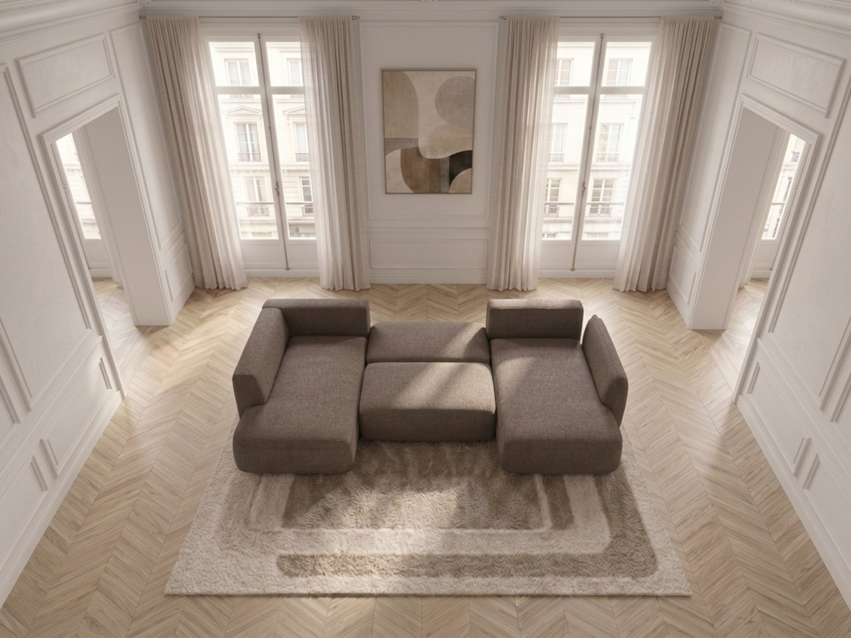 Rozkładana sofa narożna panoramiczna ESMEE z tkaniny szenilowej