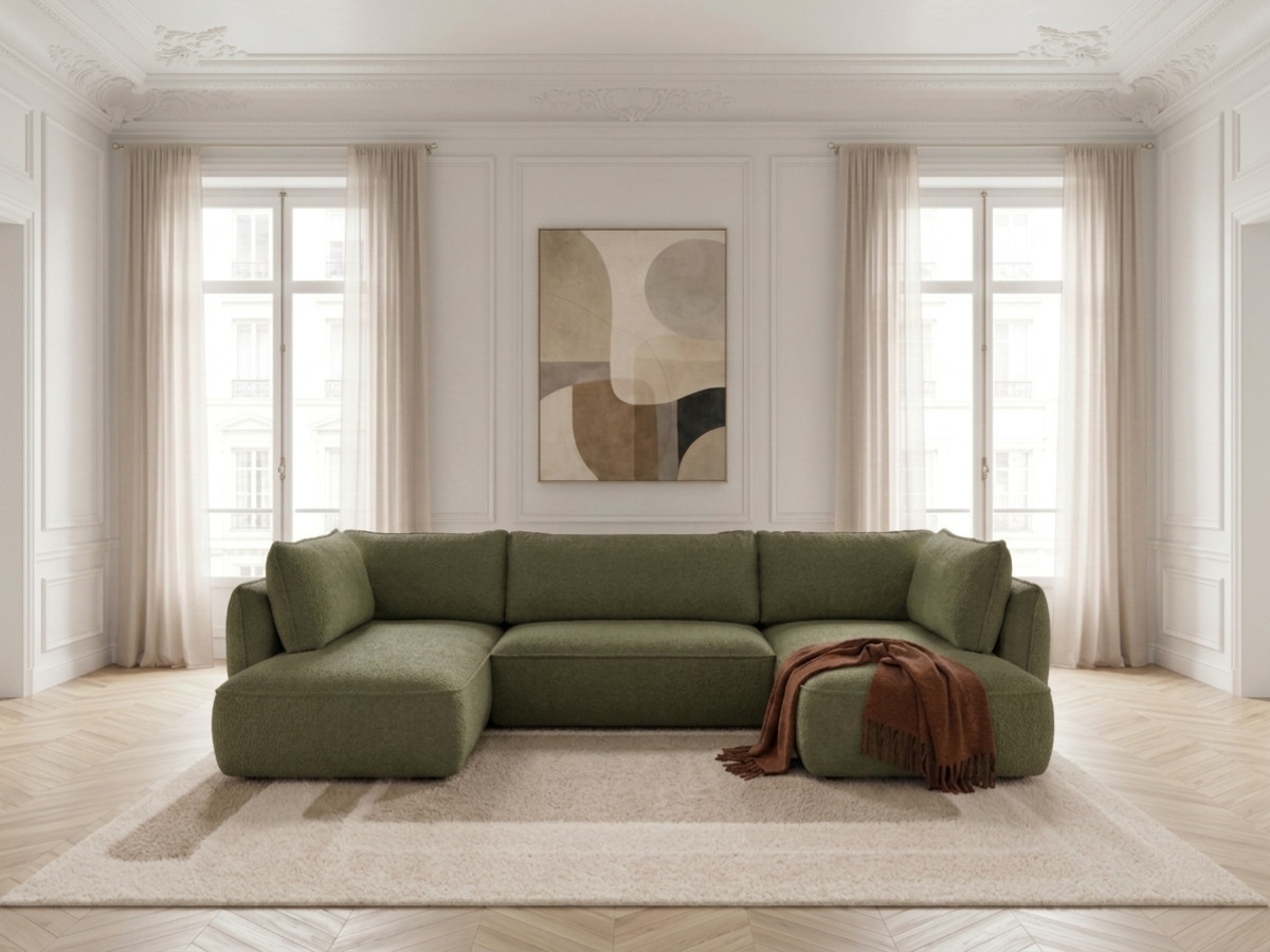 Rozkładana sofa narożna panoramiczna ESMEE z tkaniny szenilowej