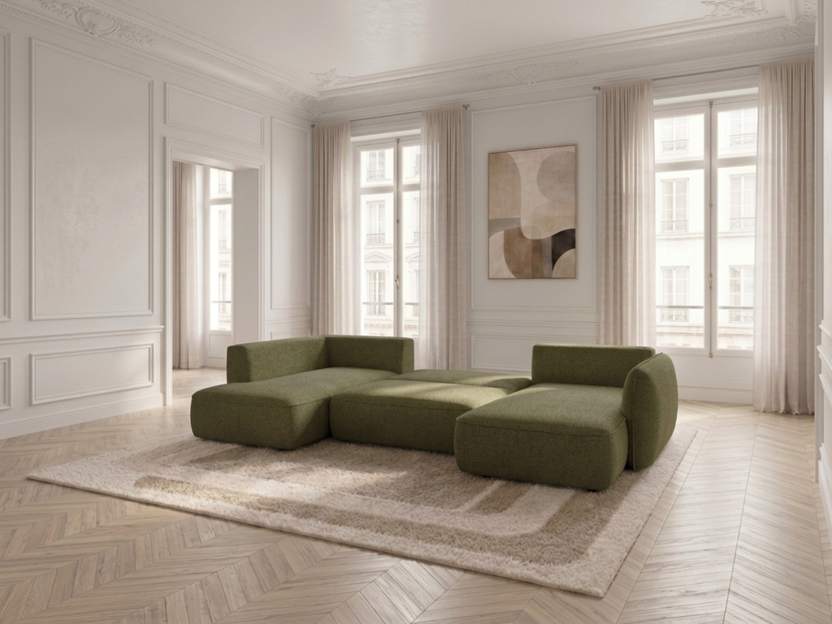 Rozkładana sofa narożna panoramiczna ESMEE z tkaniny szenilowej