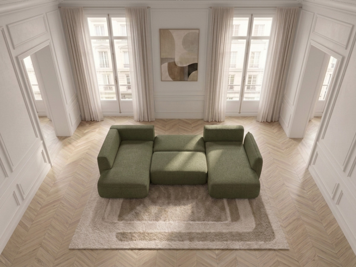 Rozkładana sofa narożna panoramiczna ESMEE z tkaniny szenilowej