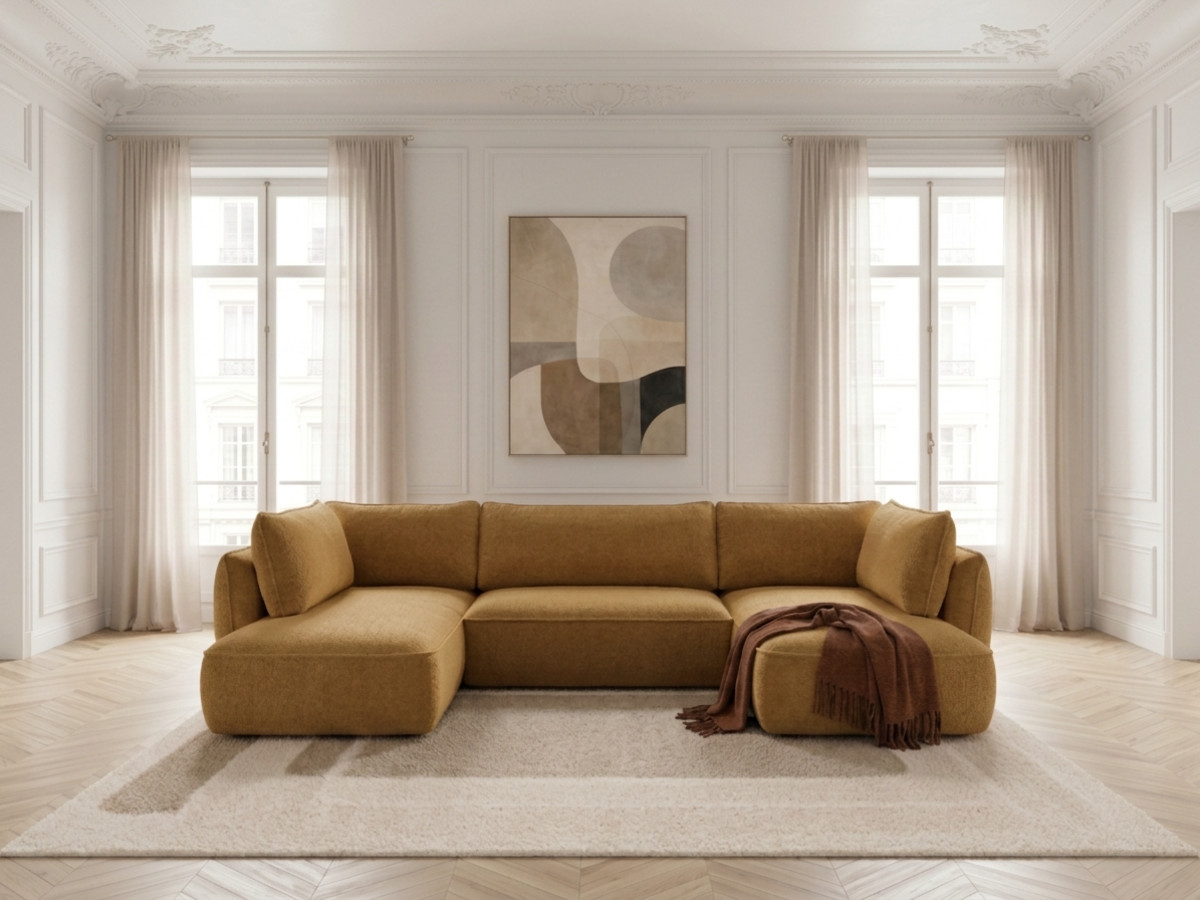 Rozkładana sofa narożna panoramiczna ESMEE z tkaniny szenilowej