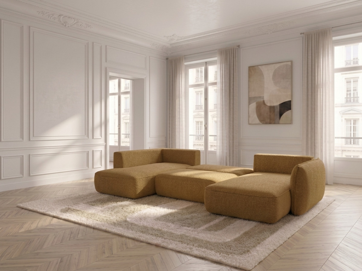 Rozkładana sofa narożna panoramiczna ESMEE z tkaniny szenilowej