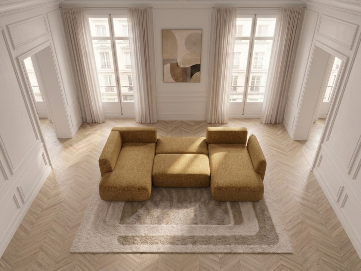 Rozkładana sofa narożna panoramiczna ESMEE z tkaniny szenilowej