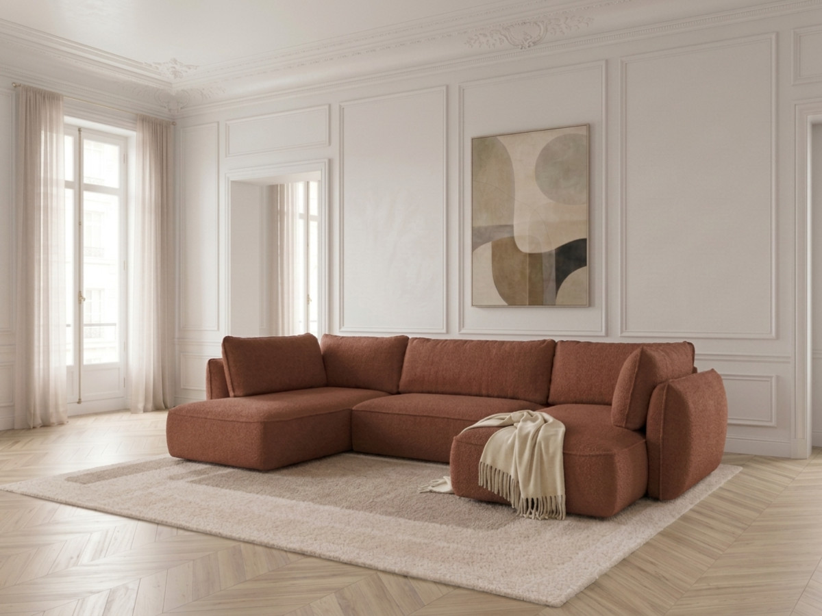 Rozkładana sofa narożna panoramiczna ESMEE z tkaniny szenilowej