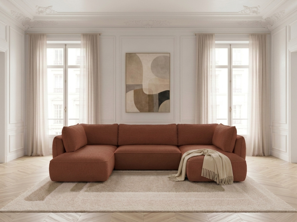 Rozkładana sofa narożna panoramiczna ESMEE z tkaniny szenilowej
