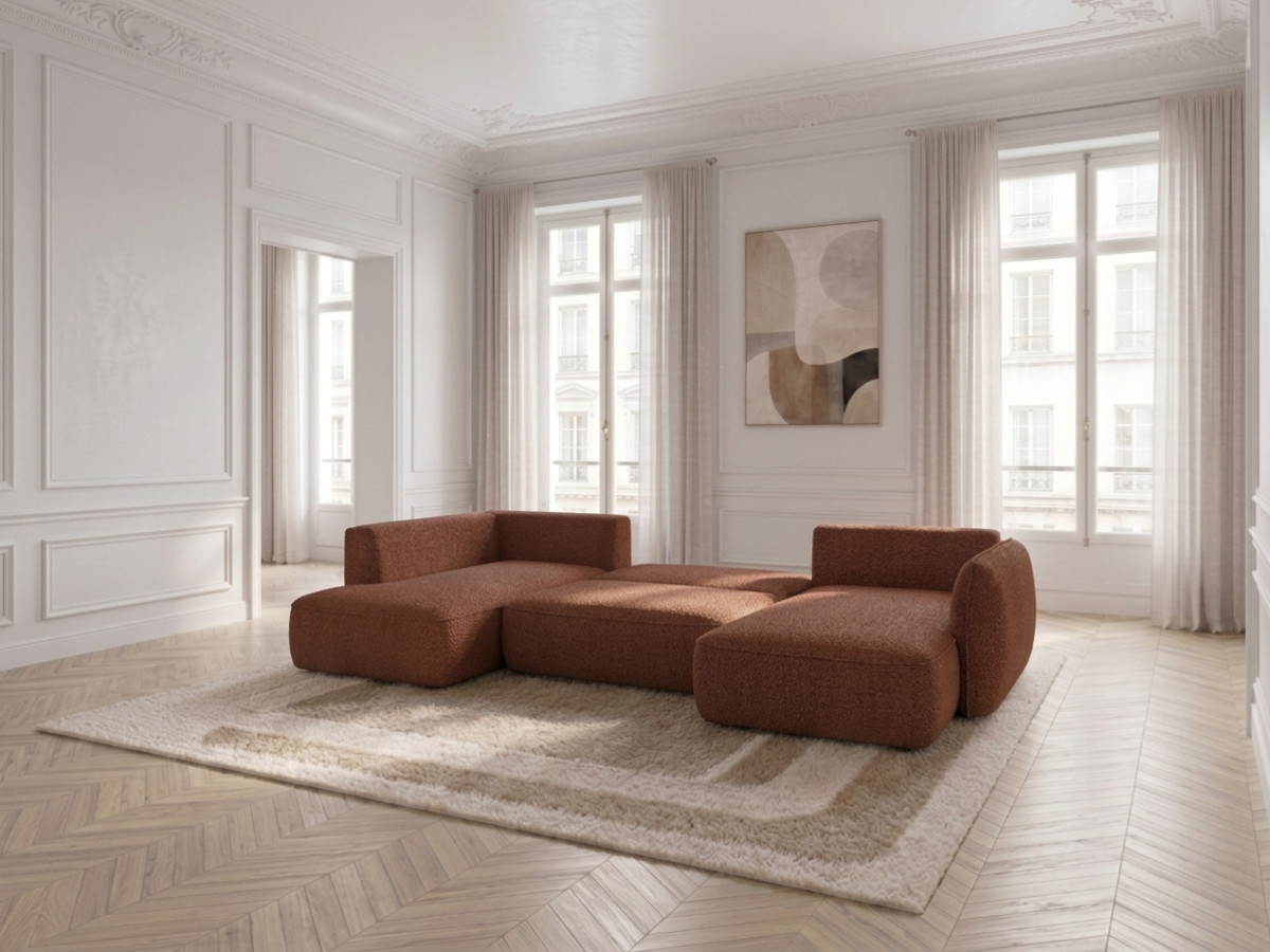 Rozkładana sofa narożna panoramiczna ESMEE z tkaniny szenilowej