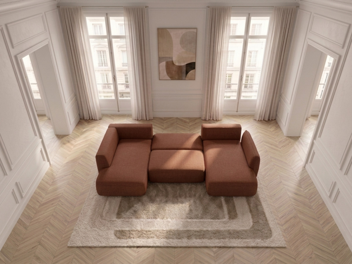 Rozkładana sofa narożna panoramiczna ESMEE z tkaniny szenilowej