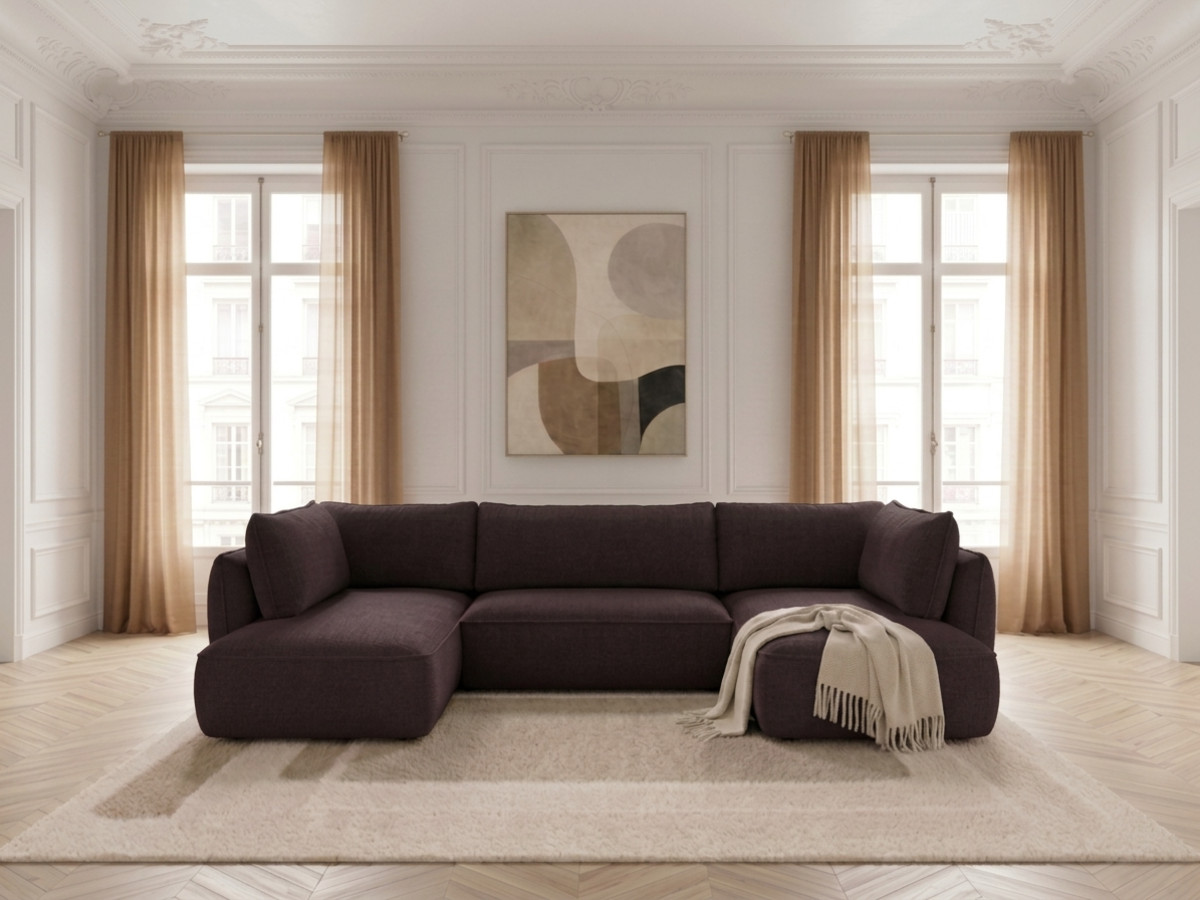 Rozkładana sofa narożna panoramiczna ESMEE z tkaniny szenilowej