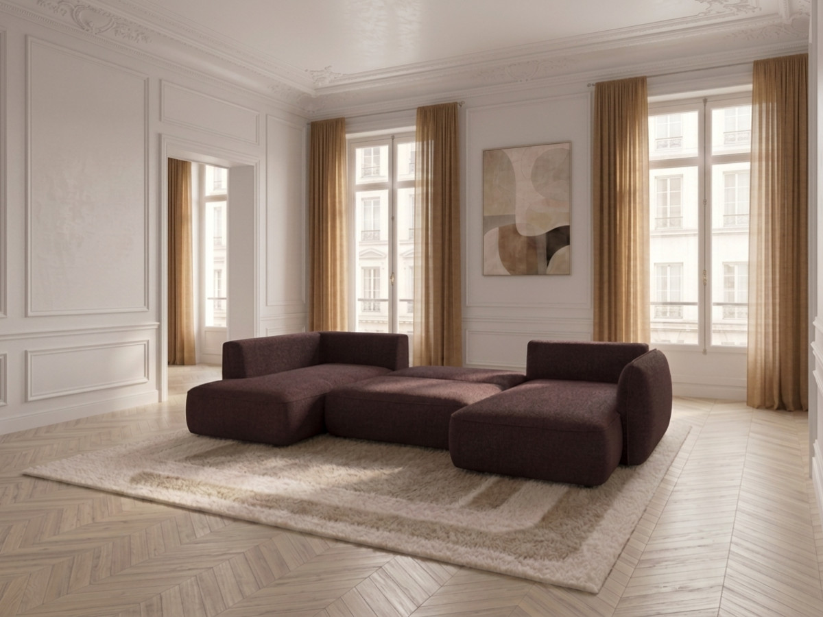 Rozkładana sofa narożna panoramiczna ESMEE z tkaniny szenilowej