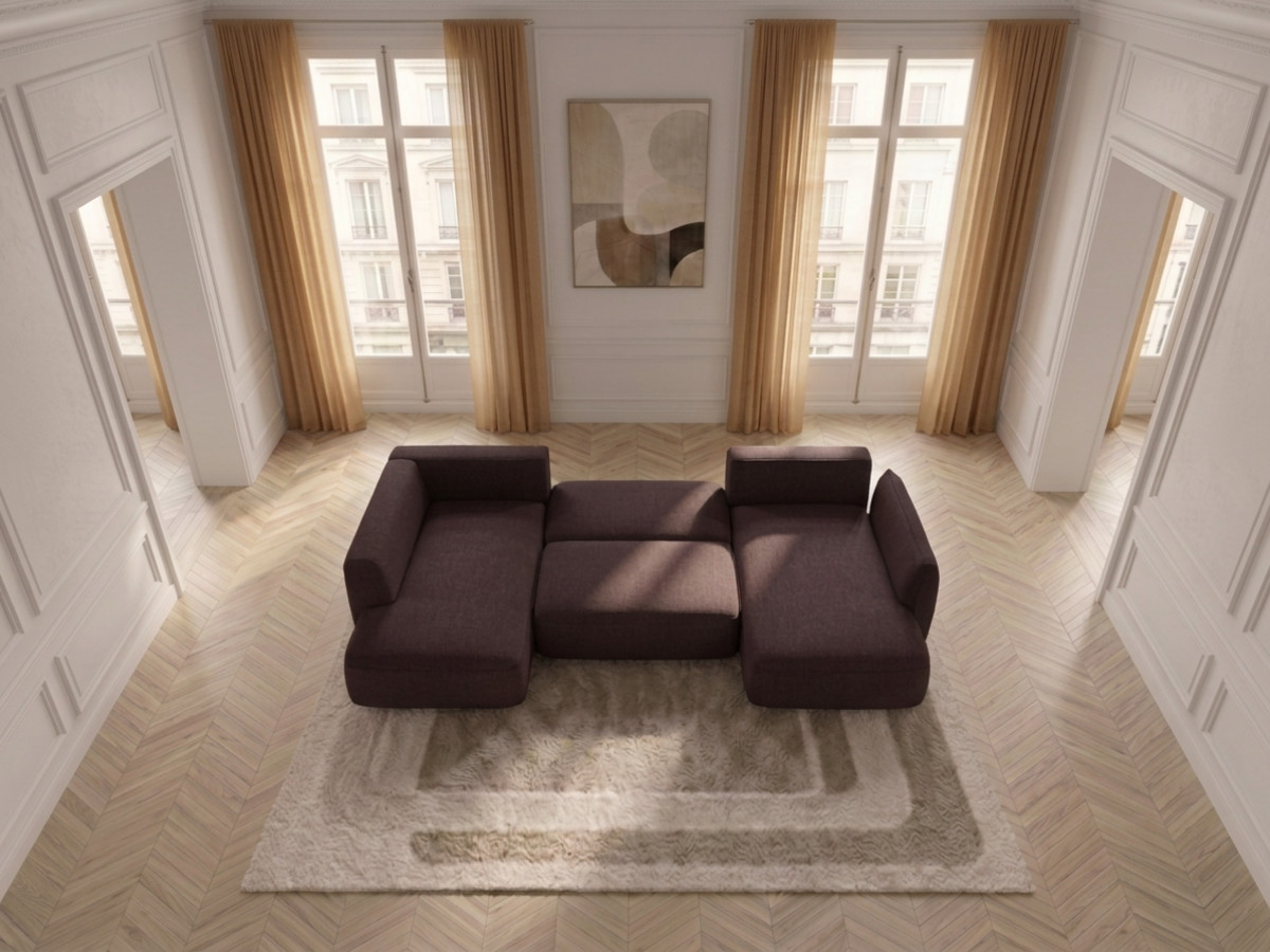 Rozkładana sofa narożna panoramiczna ESMEE z tkaniny szenilowej