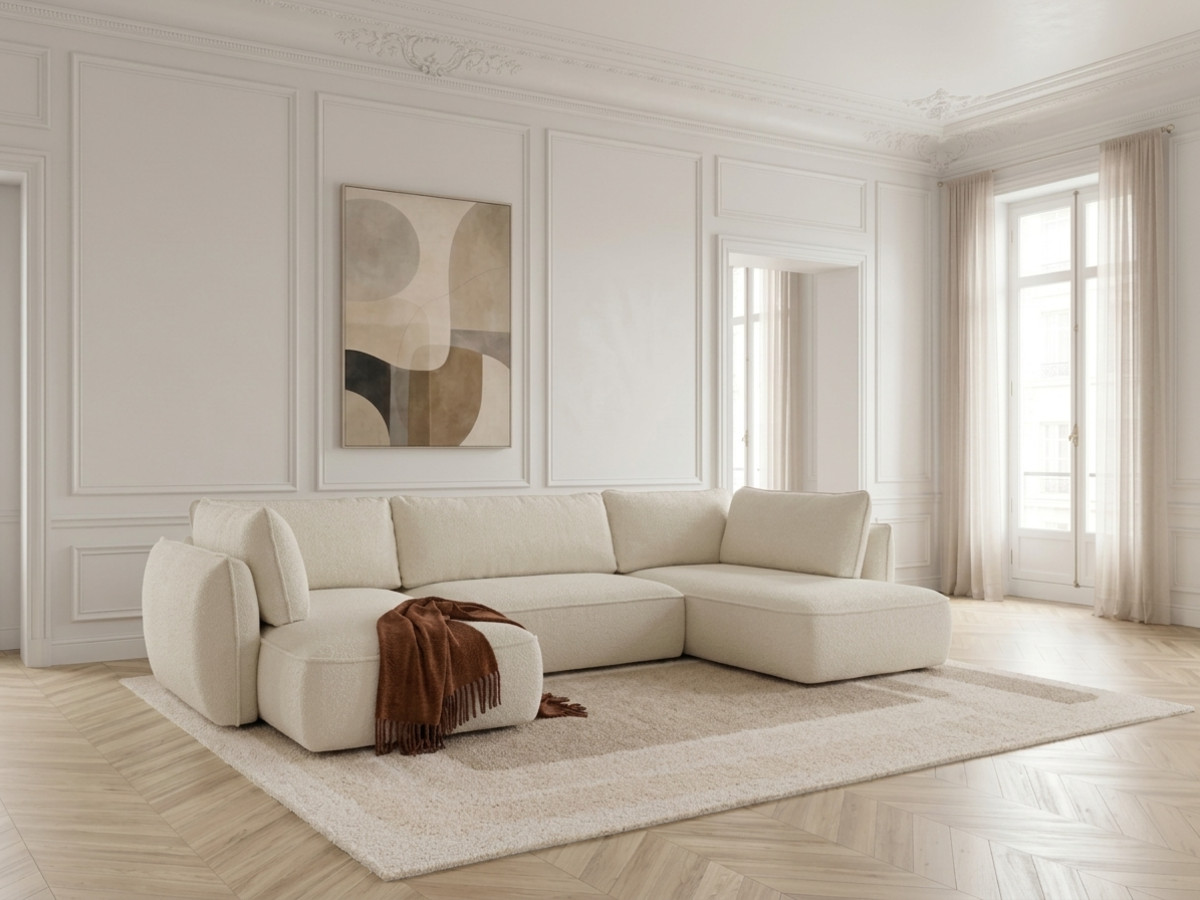 Rozkładana sofa narożna panoramiczna ESMEE z tkaniny szenilowej