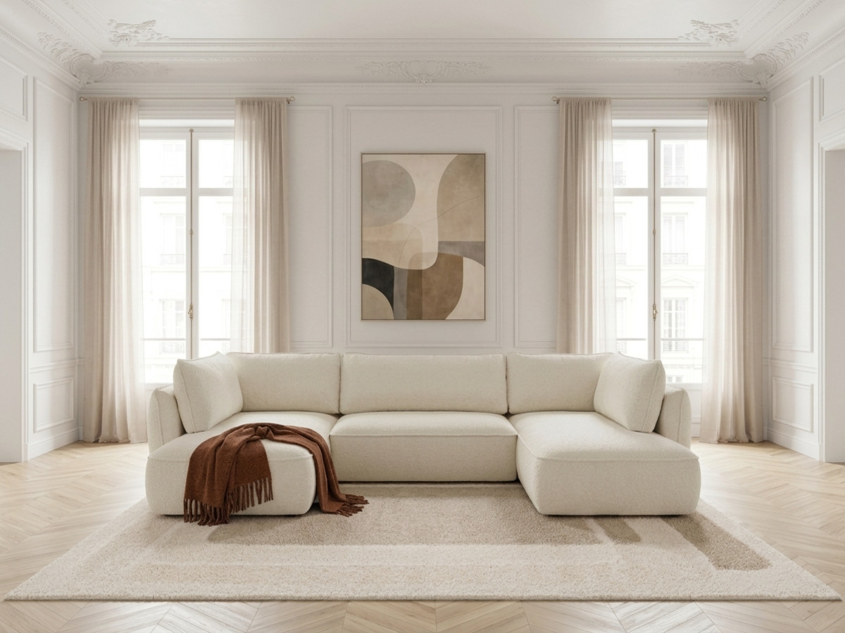 Rozkładana sofa narożna panoramiczna ESMEE z tkaniny szenilowej