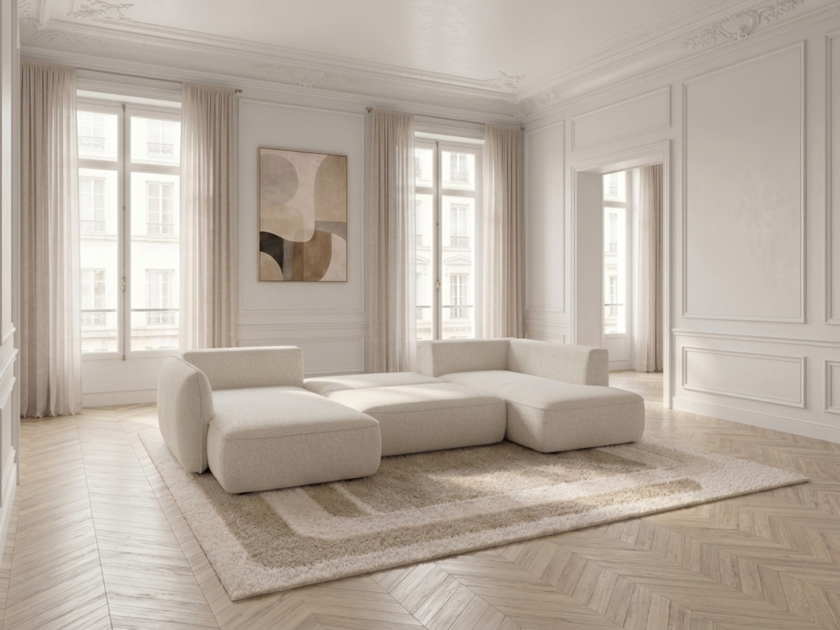 Rozkładana sofa narożna panoramiczna ESMEE z tkaniny szenilowej