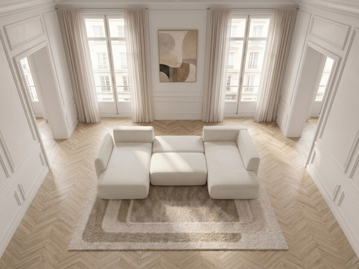 Rozkładana sofa narożna panoramiczna ESMEE z tkaniny szenilowej
