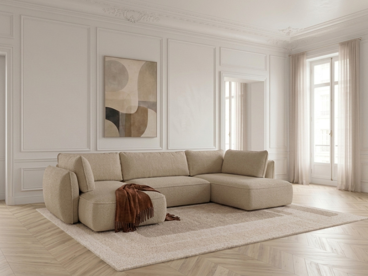 Rozkładana sofa narożna panoramiczna ESMEE z tkaniny szenilowej