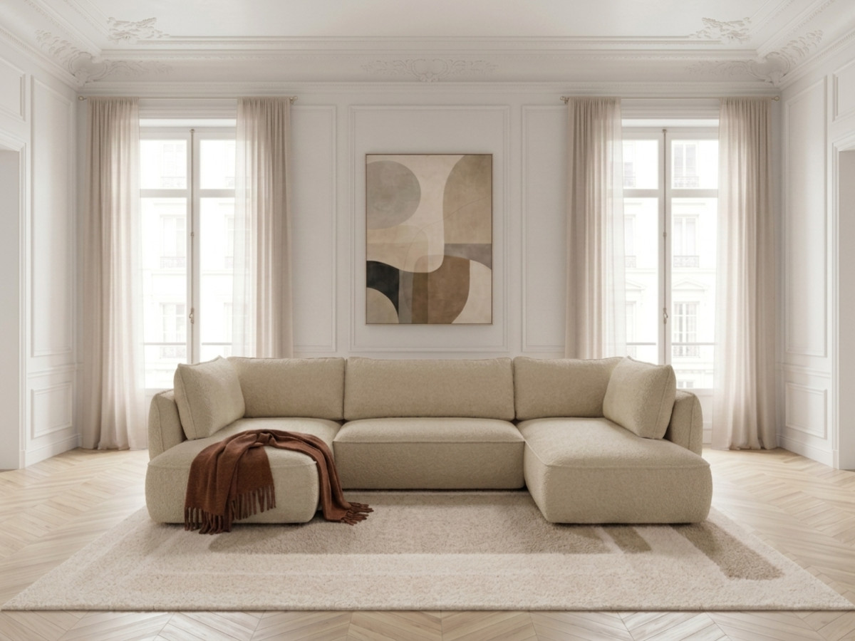 Rozkładana sofa narożna panoramiczna ESMEE z tkaniny szenilowej