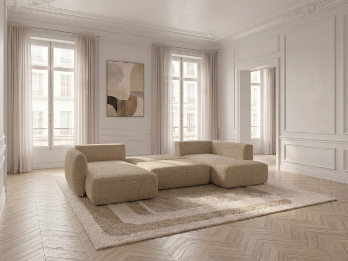 Rozkładana sofa narożna panoramiczna ESMEE z tkaniny szenilowej