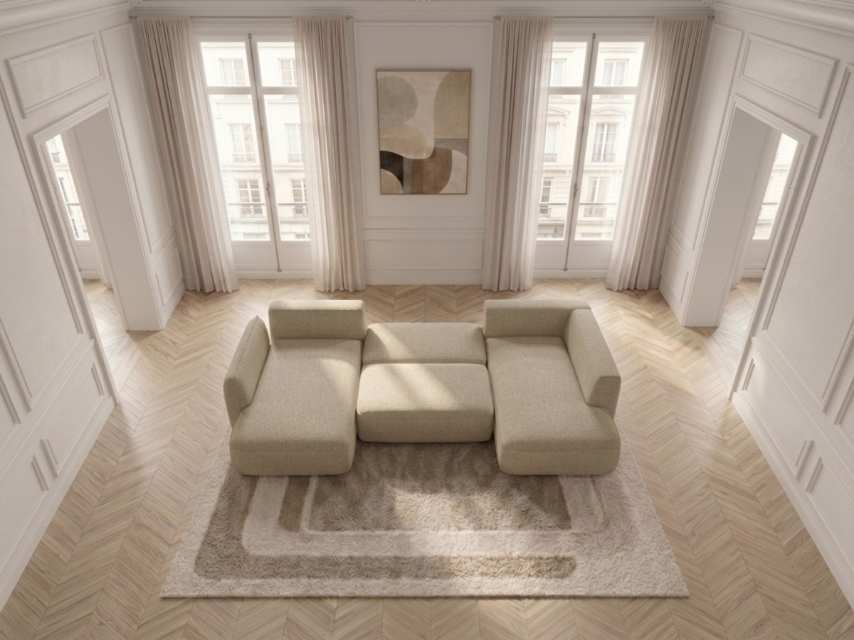 Rozkładana sofa narożna panoramiczna ESMEE z tkaniny szenilowej