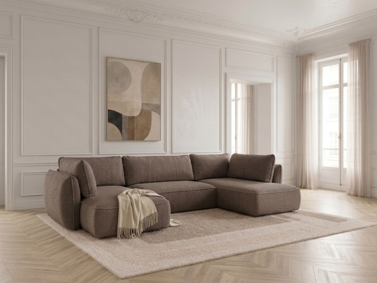Rozkładana sofa narożna panoramiczna ESMEE z tkaniny szenilowej