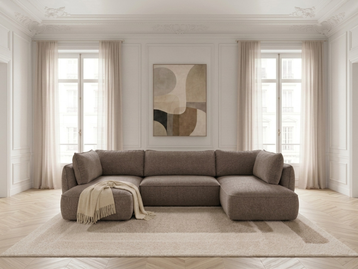 Rozkładana sofa narożna panoramiczna ESMEE z tkaniny szenilowej