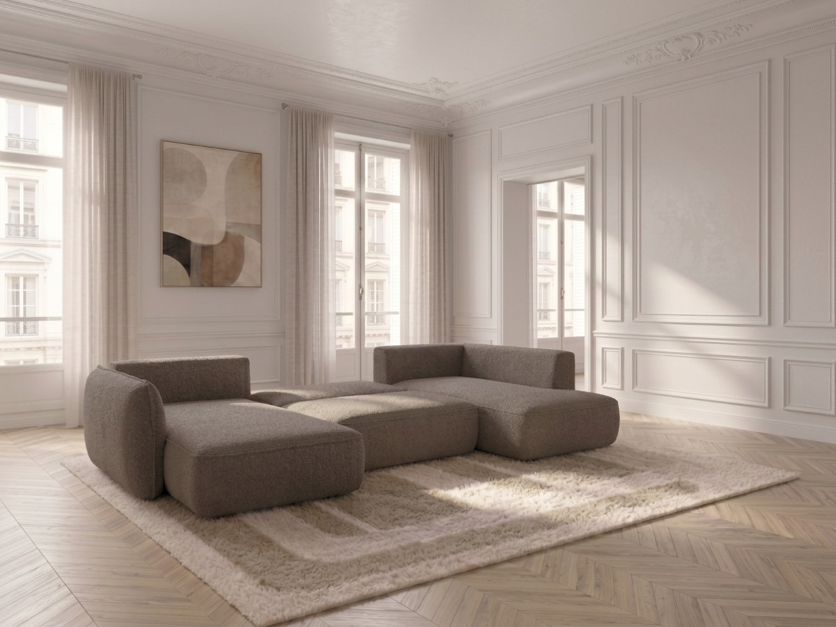 Rozkładana sofa narożna panoramiczna ESMEE z tkaniny szenilowej