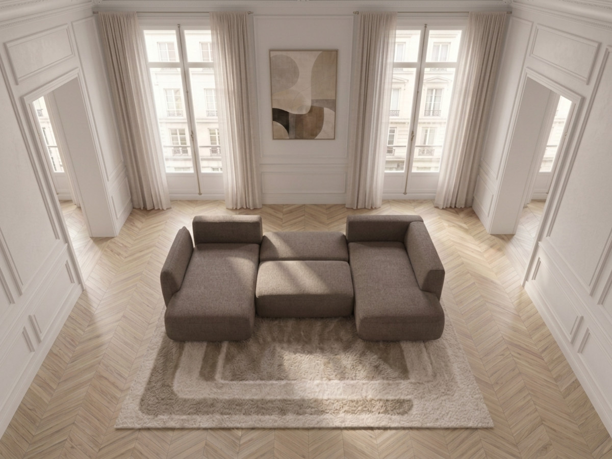 Rozkładana sofa narożna panoramiczna ESMEE z tkaniny szenilowej