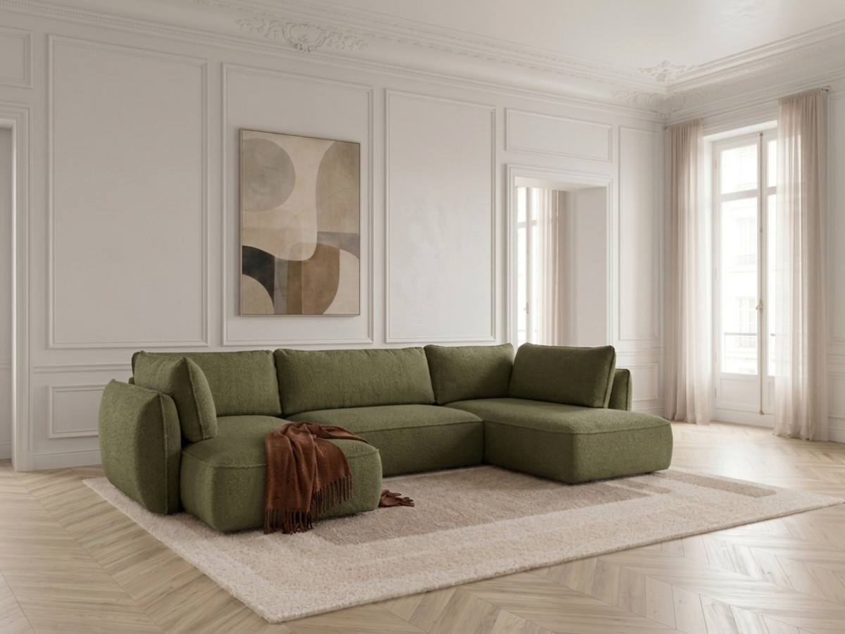 Rozkładana sofa narożna panoramiczna ESMEE z tkaniny szenilowej