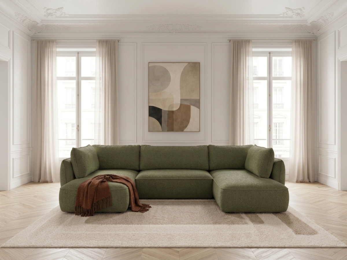 Rozkładana sofa narożna panoramiczna ESMEE z tkaniny szenilowej
