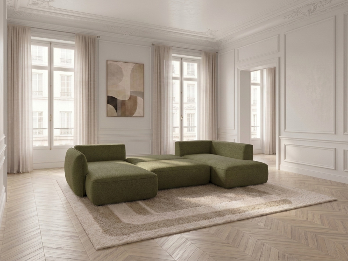 Rozkładana sofa narożna panoramiczna ESMEE z tkaniny szenilowej
