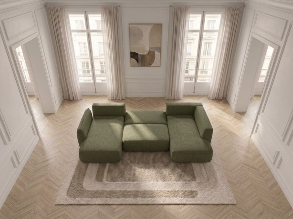 Rozkładana sofa narożna panoramiczna ESMEE z tkaniny szenilowej