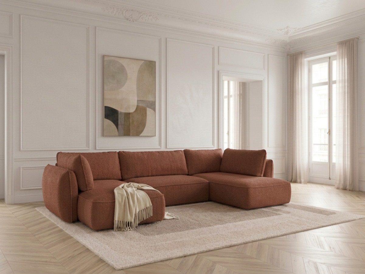 Rozkładana sofa narożna panoramiczna ESMEE z tkaniny szenilowej