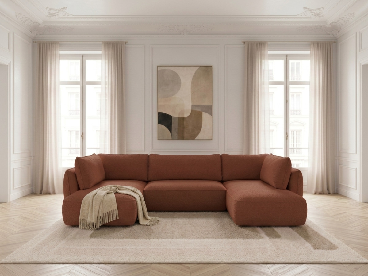 Rozkładana sofa narożna panoramiczna ESMEE z tkaniny szenilowej