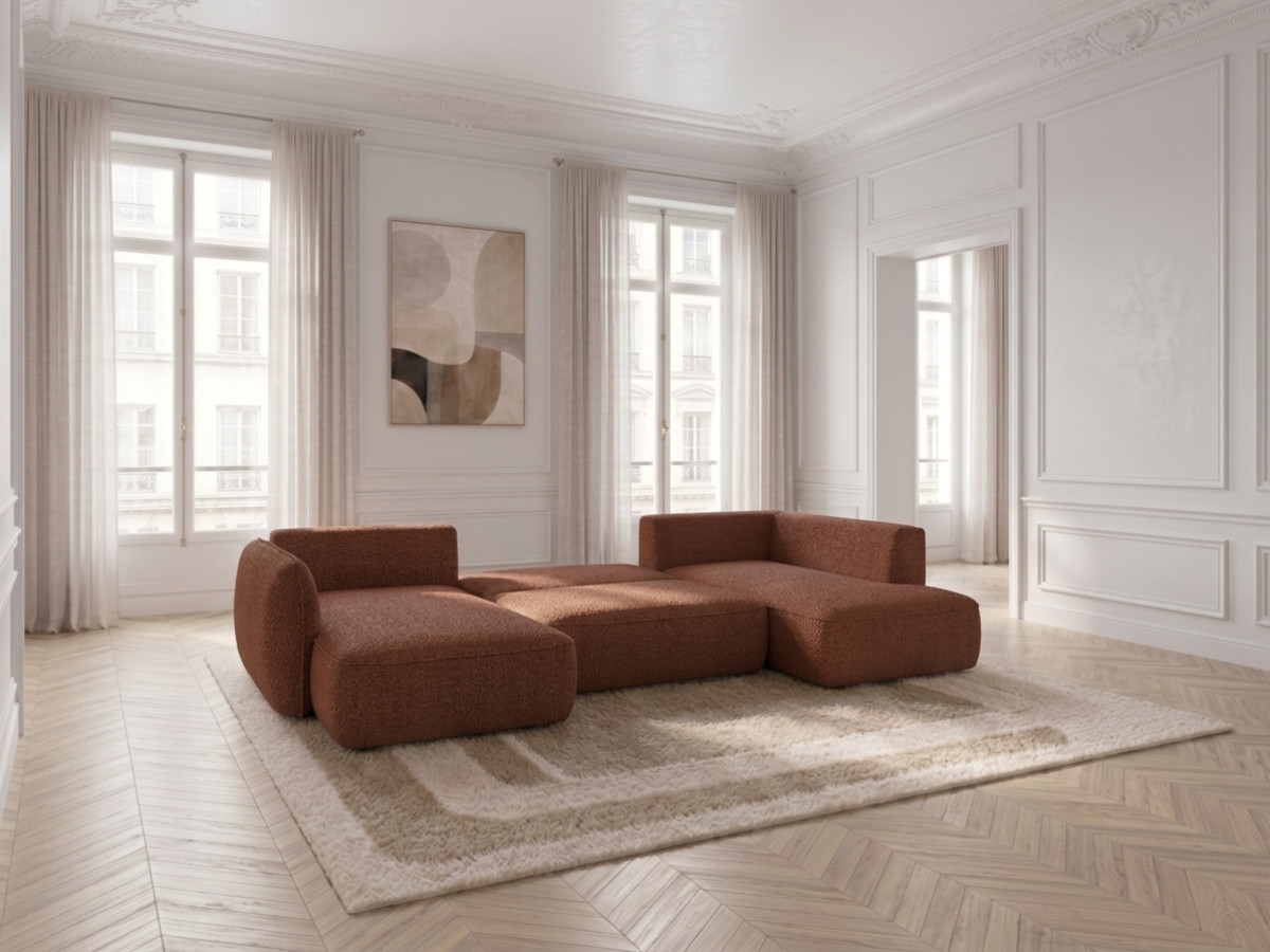 Rozkładana sofa narożna panoramiczna ESMEE z tkaniny szenilowej