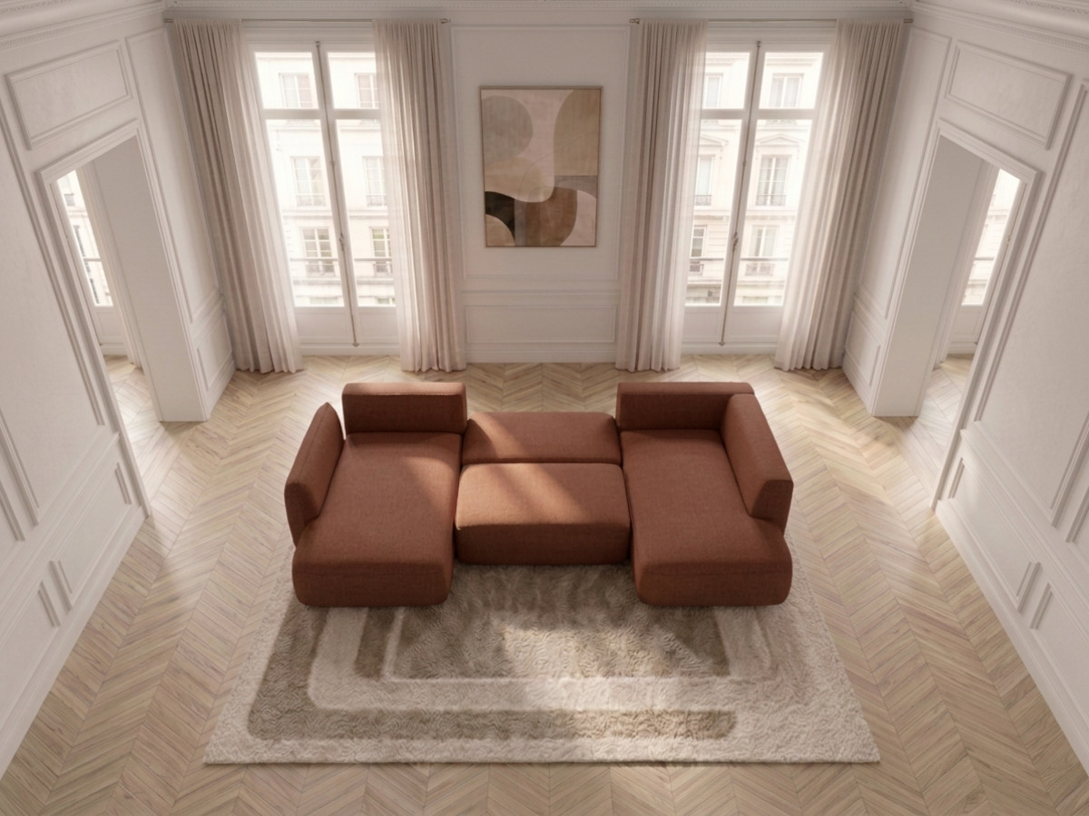 Rozkładana sofa narożna panoramiczna ESMEE z tkaniny szenilowej