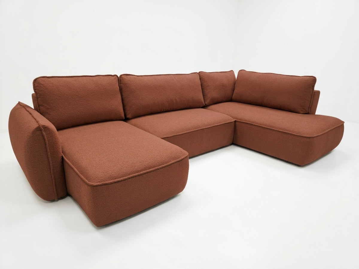 Rozkładana sofa narożna panoramiczna ESMEE z tkaniny szenilowej