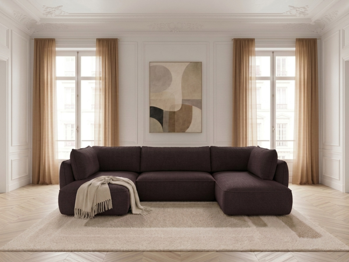 Rozkładana sofa narożna panoramiczna ESMEE z tkaniny szenilowej