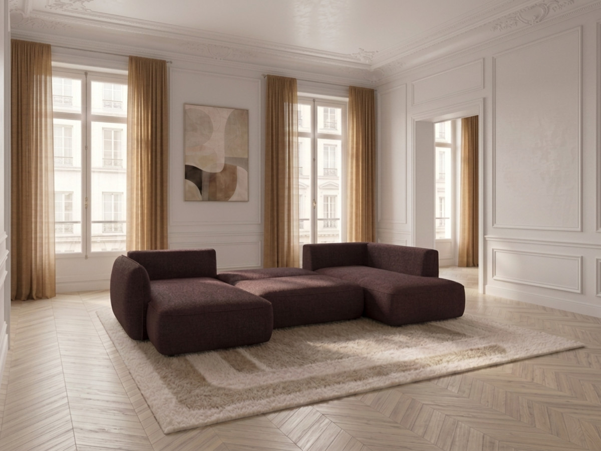 Rozkładana sofa narożna panoramiczna ESMEE z tkaniny szenilowej