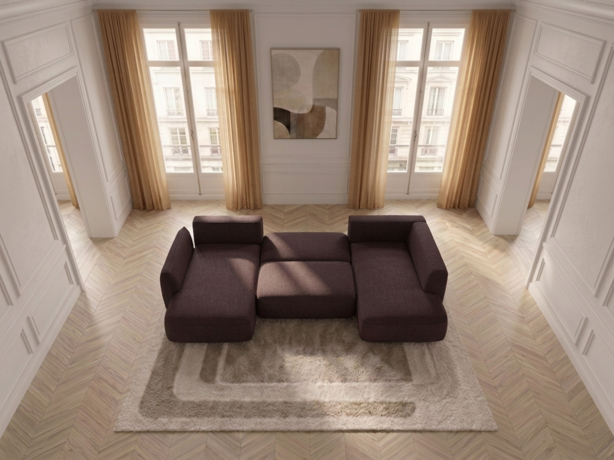 Rozkładana sofa narożna panoramiczna ESMEE z tkaniny szenilowej