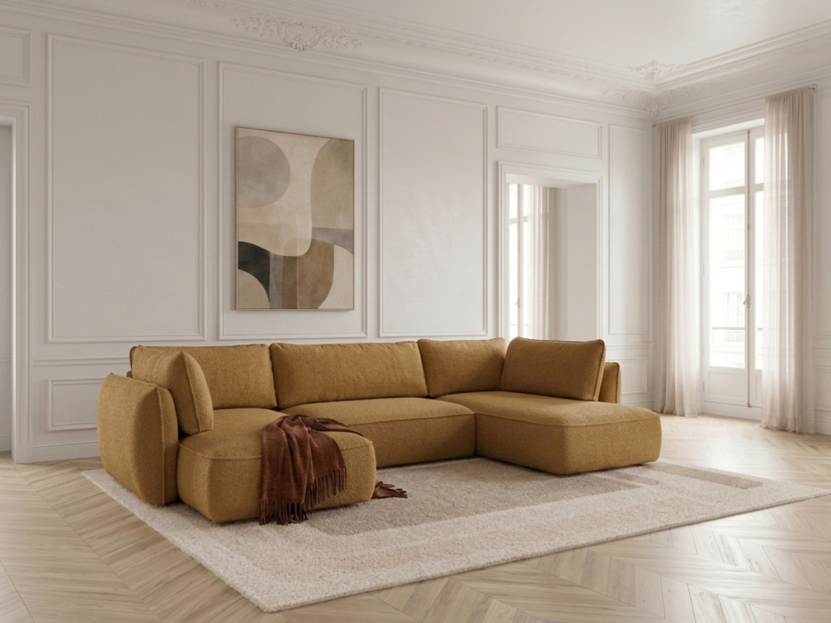 Rozkładana sofa narożna panoramiczna ESMEE z tkaniny szenilowej